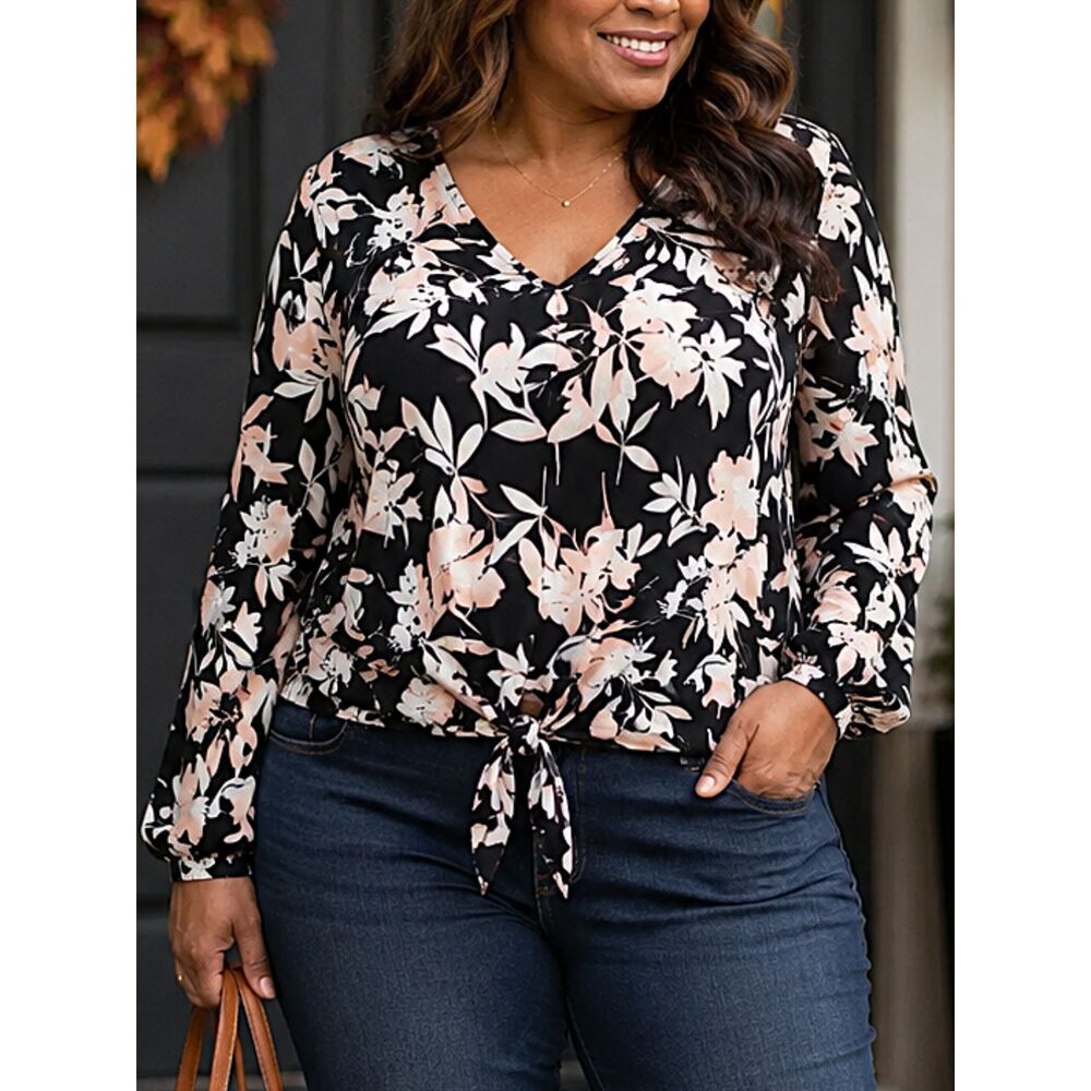 Roz & Ali 1X Black Floral Tie Front Blouse Stretch V Neck Long Sleeve Top